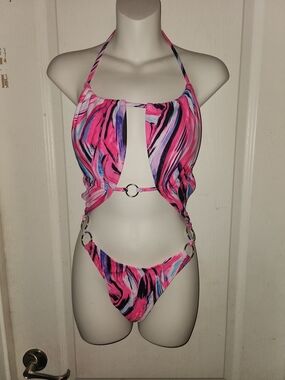 Pink Swirl Cutout Halter Monokini